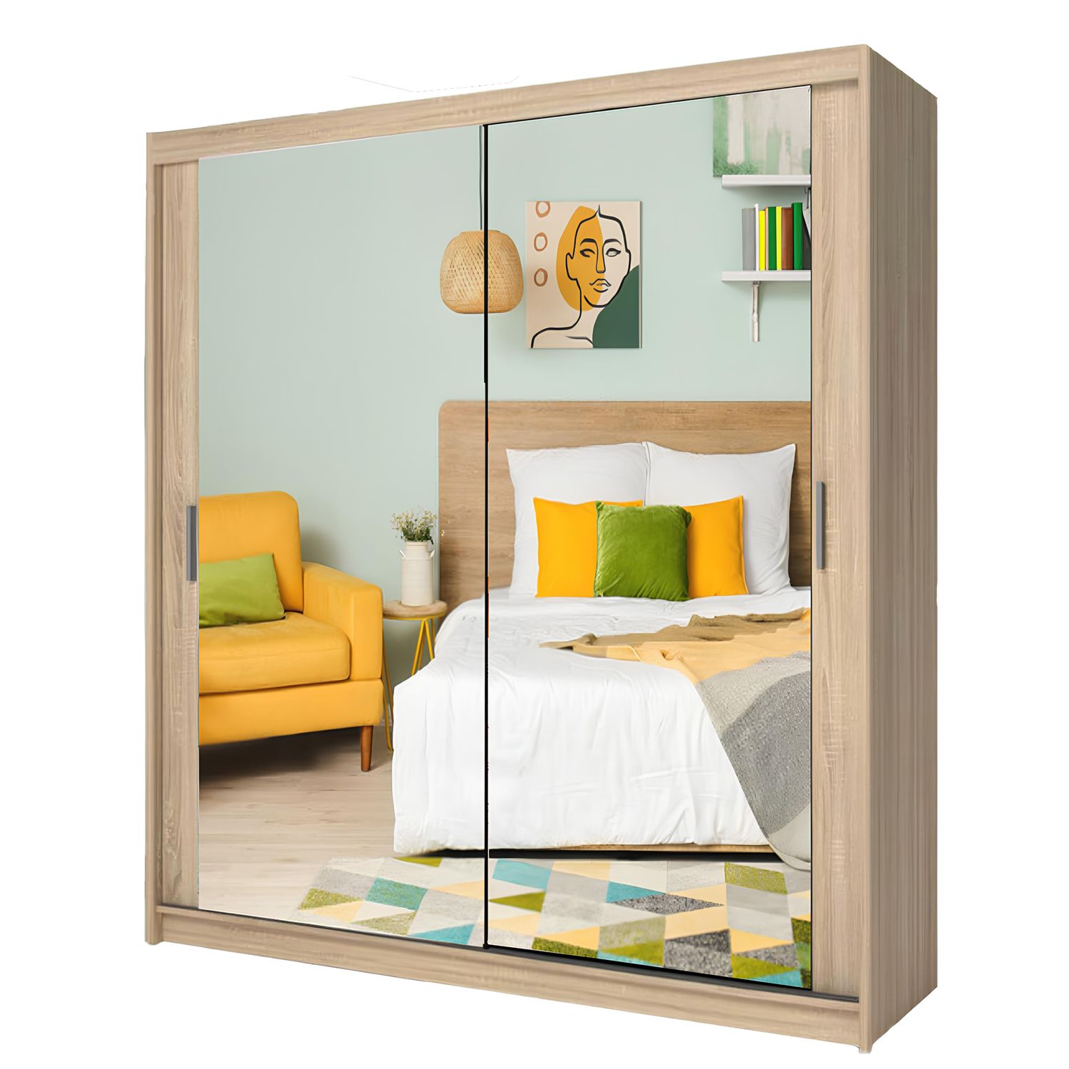 Milan Full Mirror Sliding Door Wardrobe – 2 or 3 Doors – Multiple Sizes & Colours – Shelves, Rails, Drawers