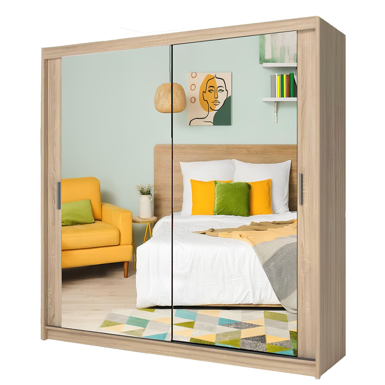 Milan Full Mirror Sliding Door Wardrobe – 2 or 3 Doors – Multiple Sizes & Colours – Shelves, Rails, Drawers