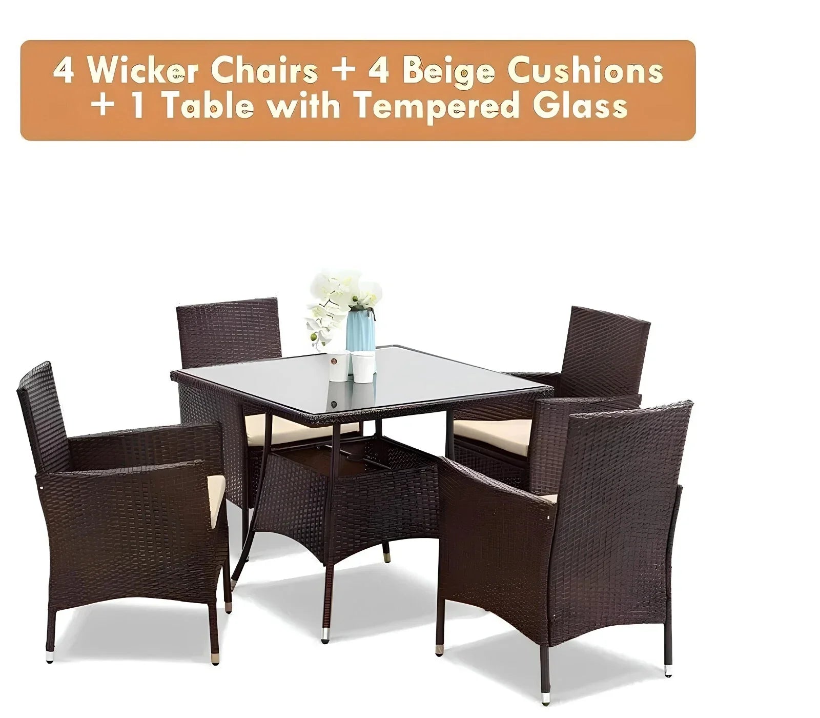 5-Piece Rattan Patio Dining Set – Brown Wicker Chairs & Glass-Top Table – Outdoor Garden Furniture for 4