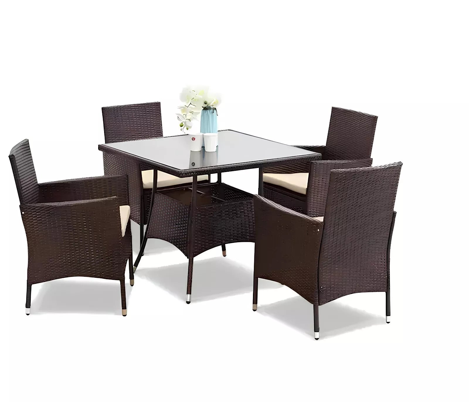 5-Piece Rattan Patio Dining Set – Brown Wicker Chairs & Glass-Top Table – Outdoor Garden Furniture for 4