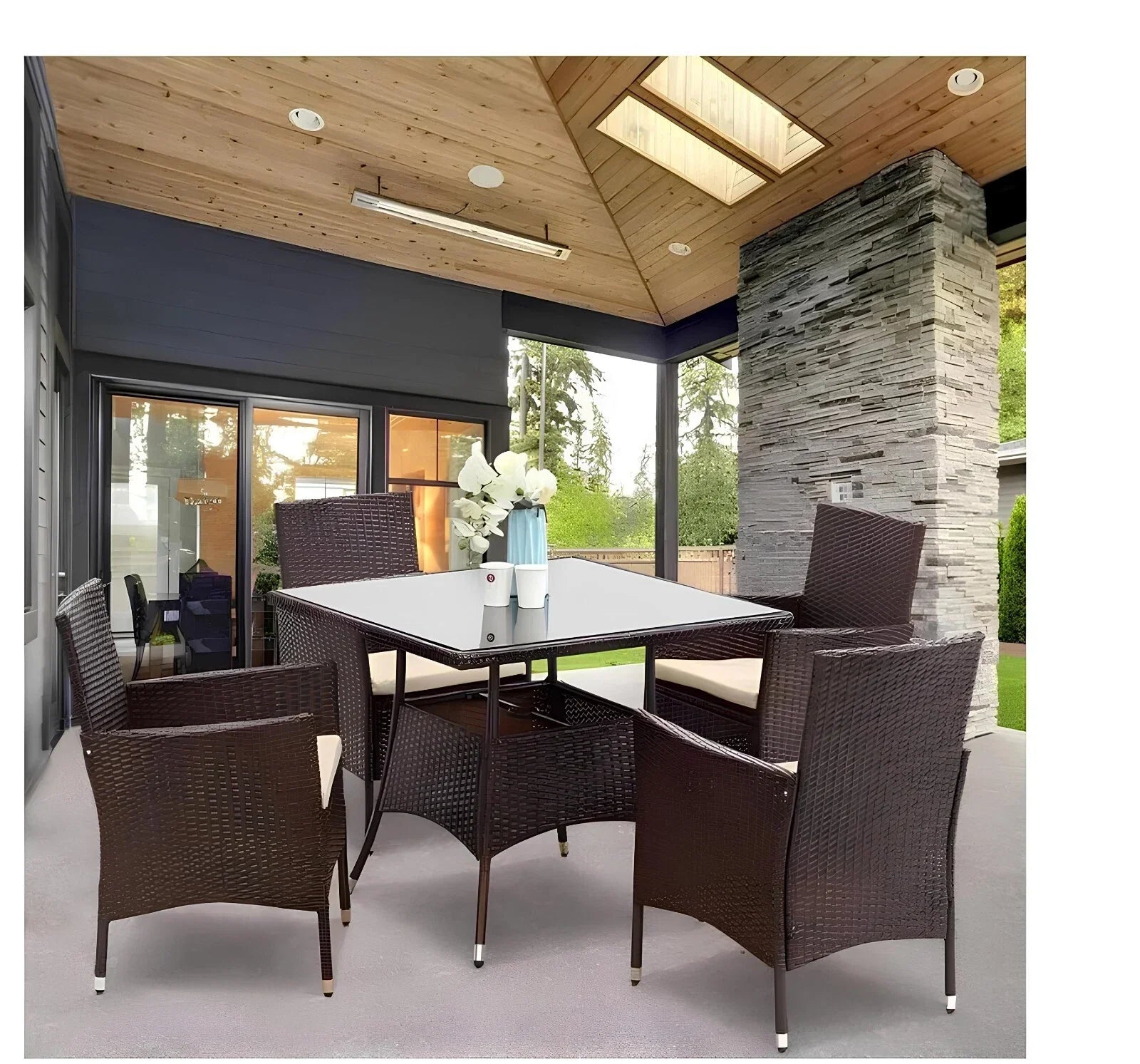 5-Piece Rattan Patio Dining Set – Brown Wicker Chairs & Glass-Top Table – Outdoor Garden Furniture for 4