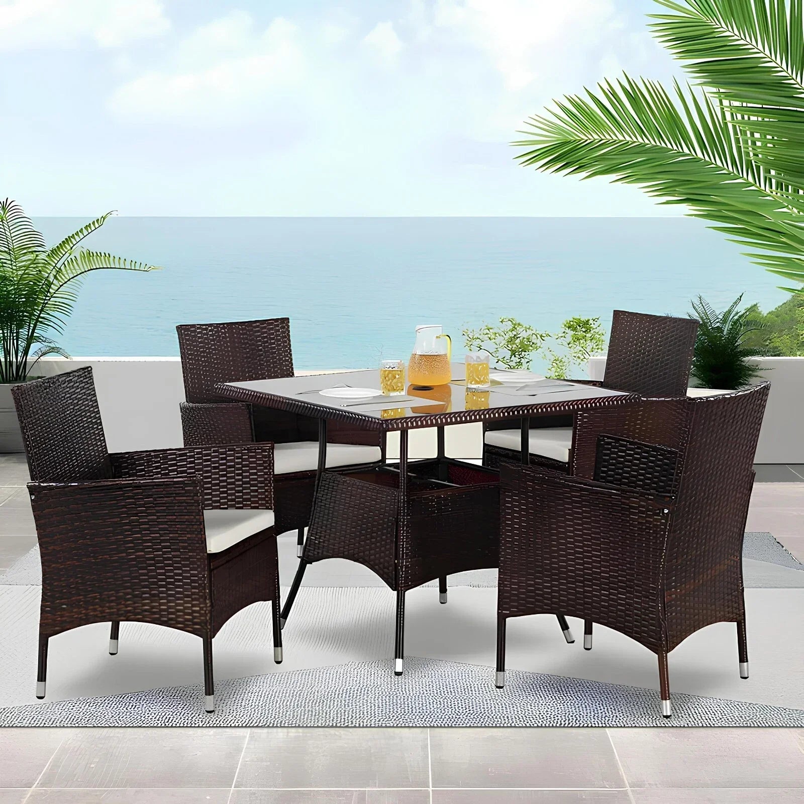 5-Piece Rattan Patio Dining Set – Brown Wicker Chairs & Glass-Top Table – Outdoor Garden Furniture for 4